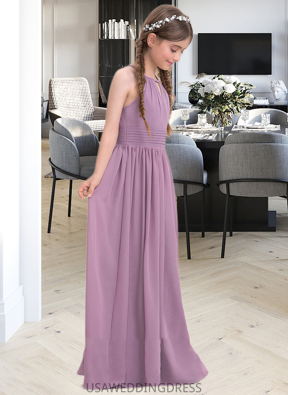 Reagan A-LineScoopNeckFloor-LengthChiffonJuniorBridesmaidDressWithRuffle#119580 DSP0013647