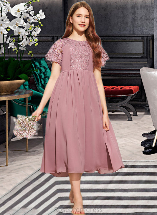 Helga A-Line Scoop Neck Tea-Length Chiffon Lace Junior Bridesmaid Dress SRSP0013648