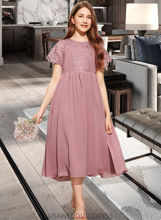 Julie A-Line Scoop Neck Tea-Length Chiffon Lace Junior Bridesmaid Dress DSP0013648