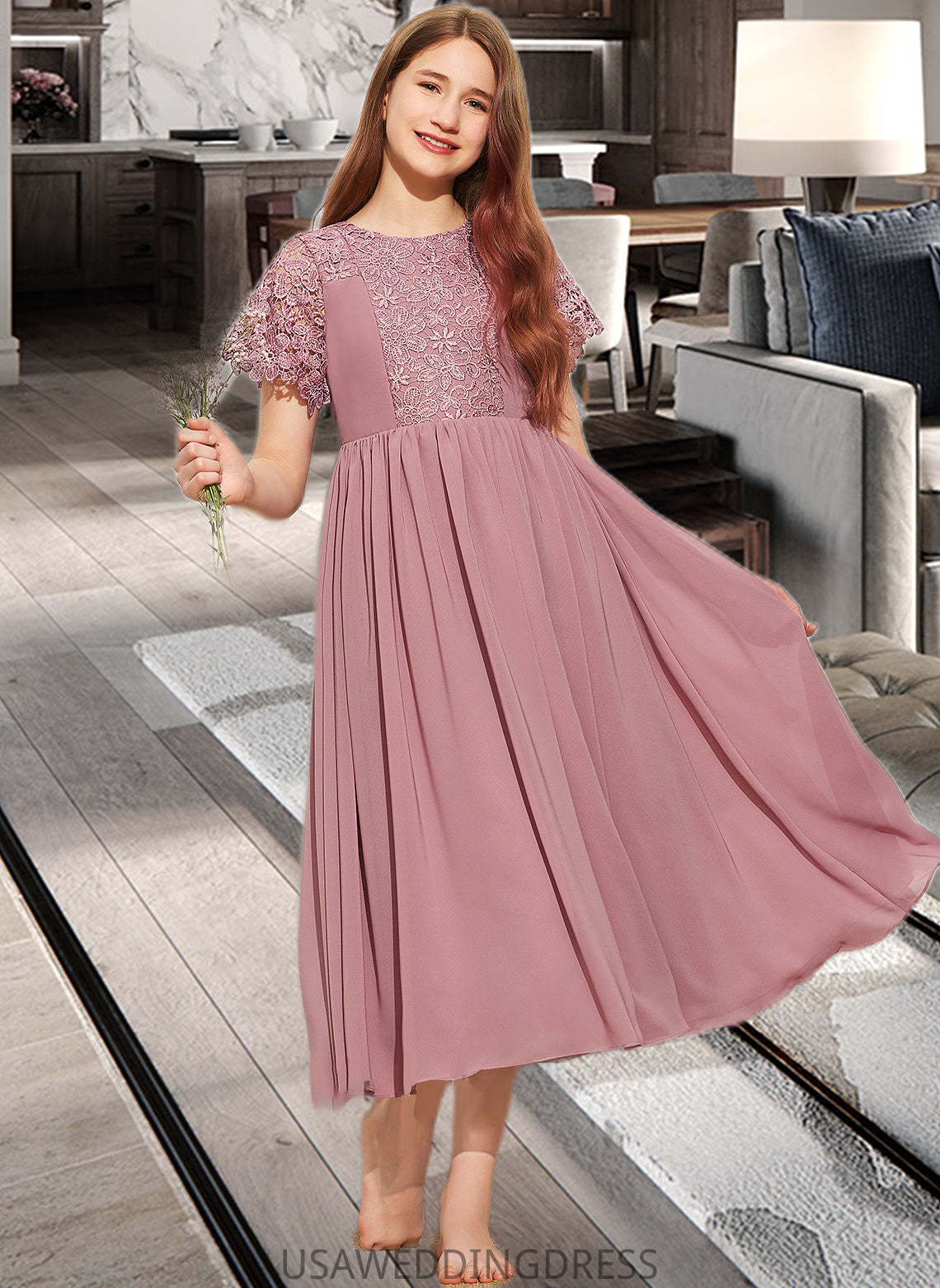 Julie A-Line Scoop Neck Tea-Length Chiffon Lace Junior Bridesmaid Dress DSP0013648