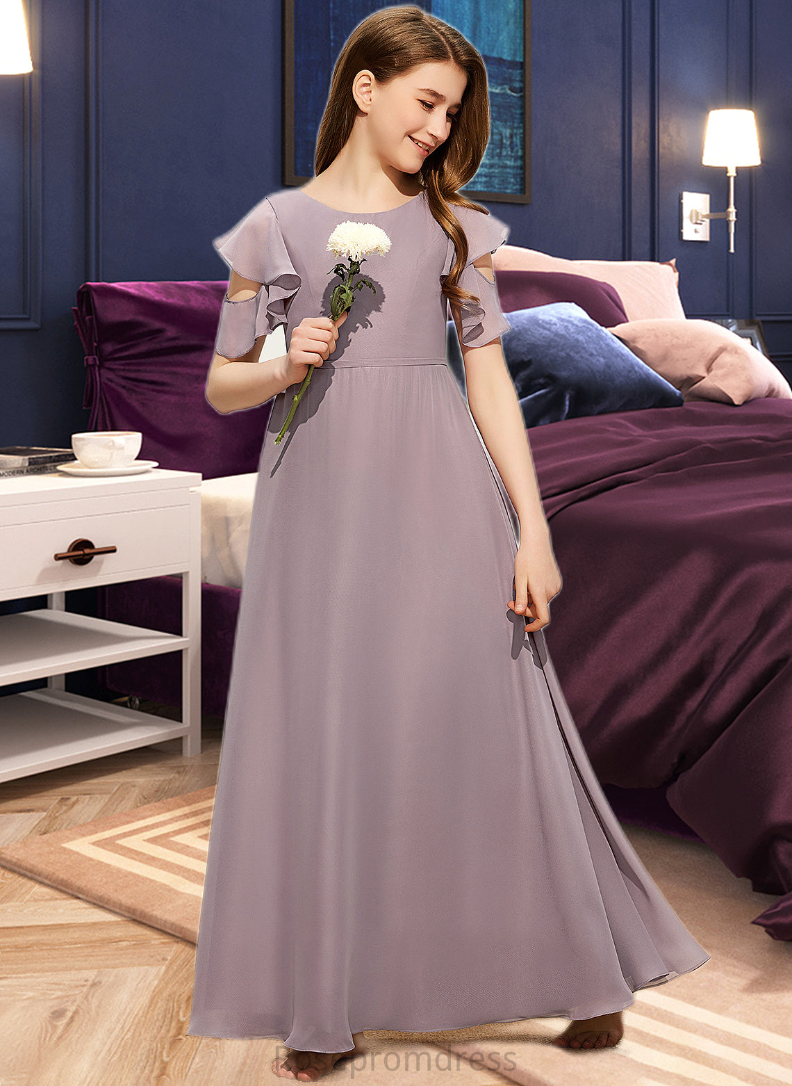 Micaela A-Line Scoop Neck Floor-Length Chiffon Junior Bridesmaid Dress With Cascading Ruffles SRSP0013649