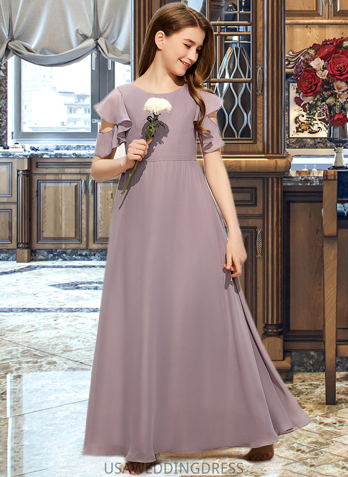 Raquel A-Line Scoop Neck Floor-Length Chiffon Junior Bridesmaid Dress With Cascading Ruffles DSP0013649