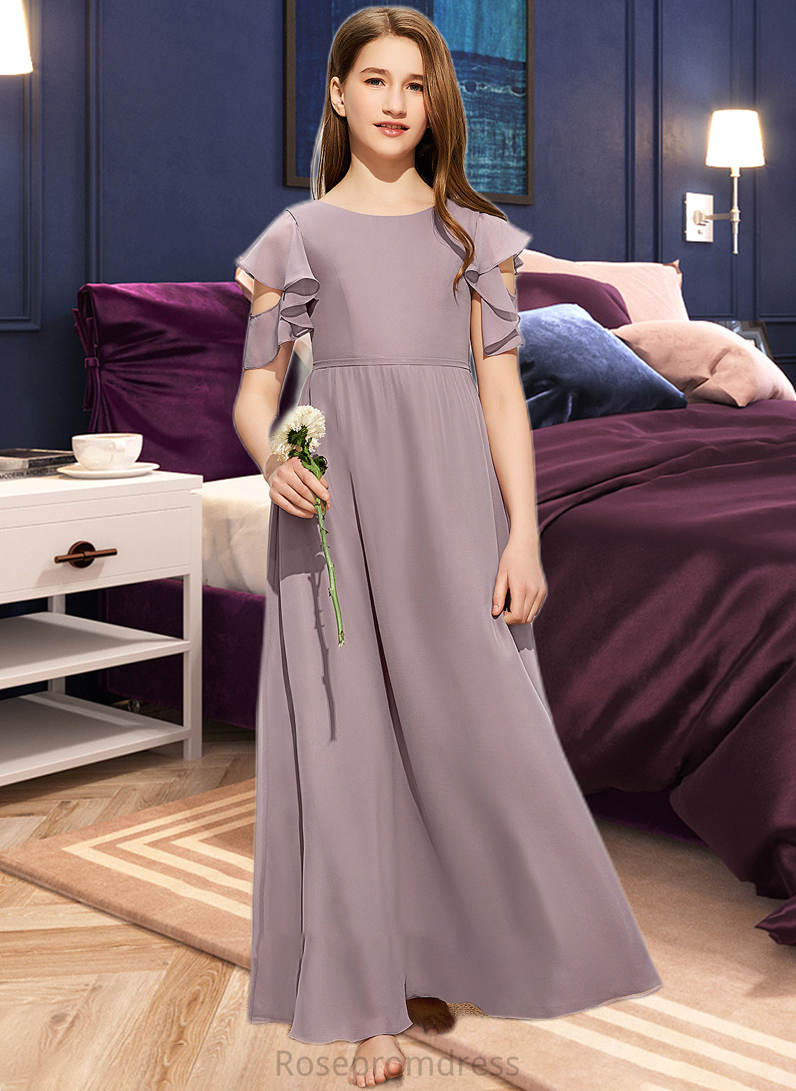 Micaela A-Line Scoop Neck Floor-Length Chiffon Junior Bridesmaid Dress With Cascading Ruffles SRSP0013649