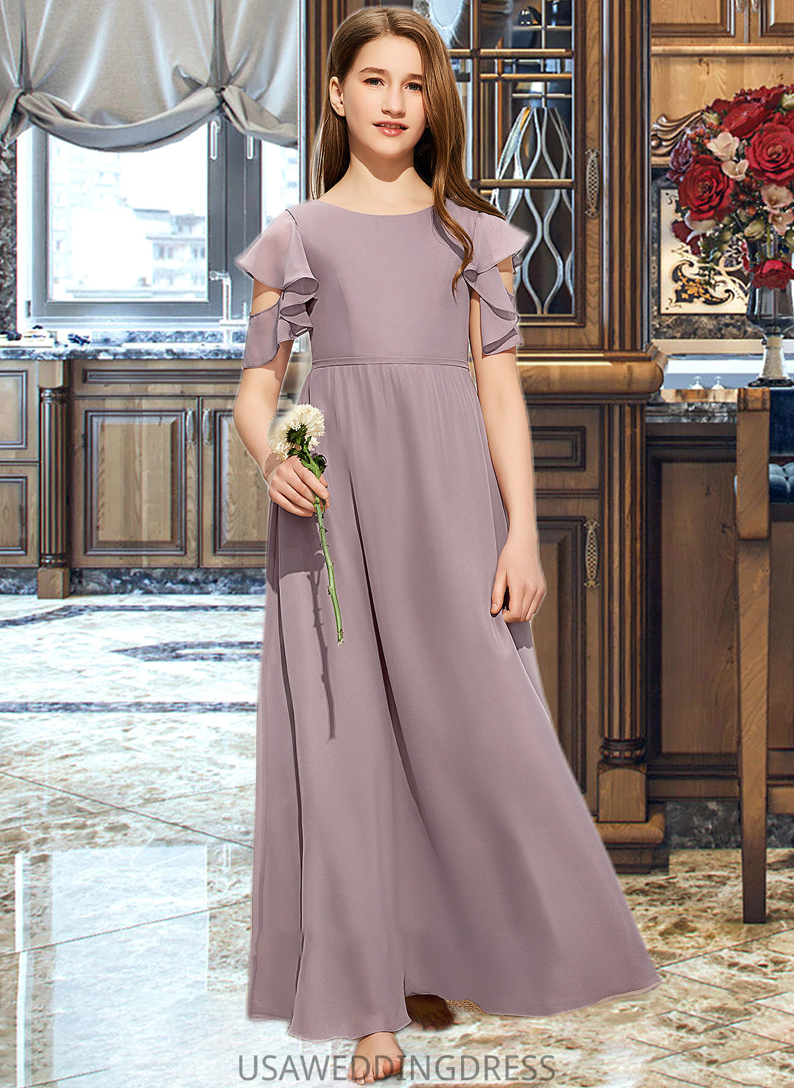 Raquel A-Line Scoop Neck Floor-Length Chiffon Junior Bridesmaid Dress With Cascading Ruffles DSP0013649