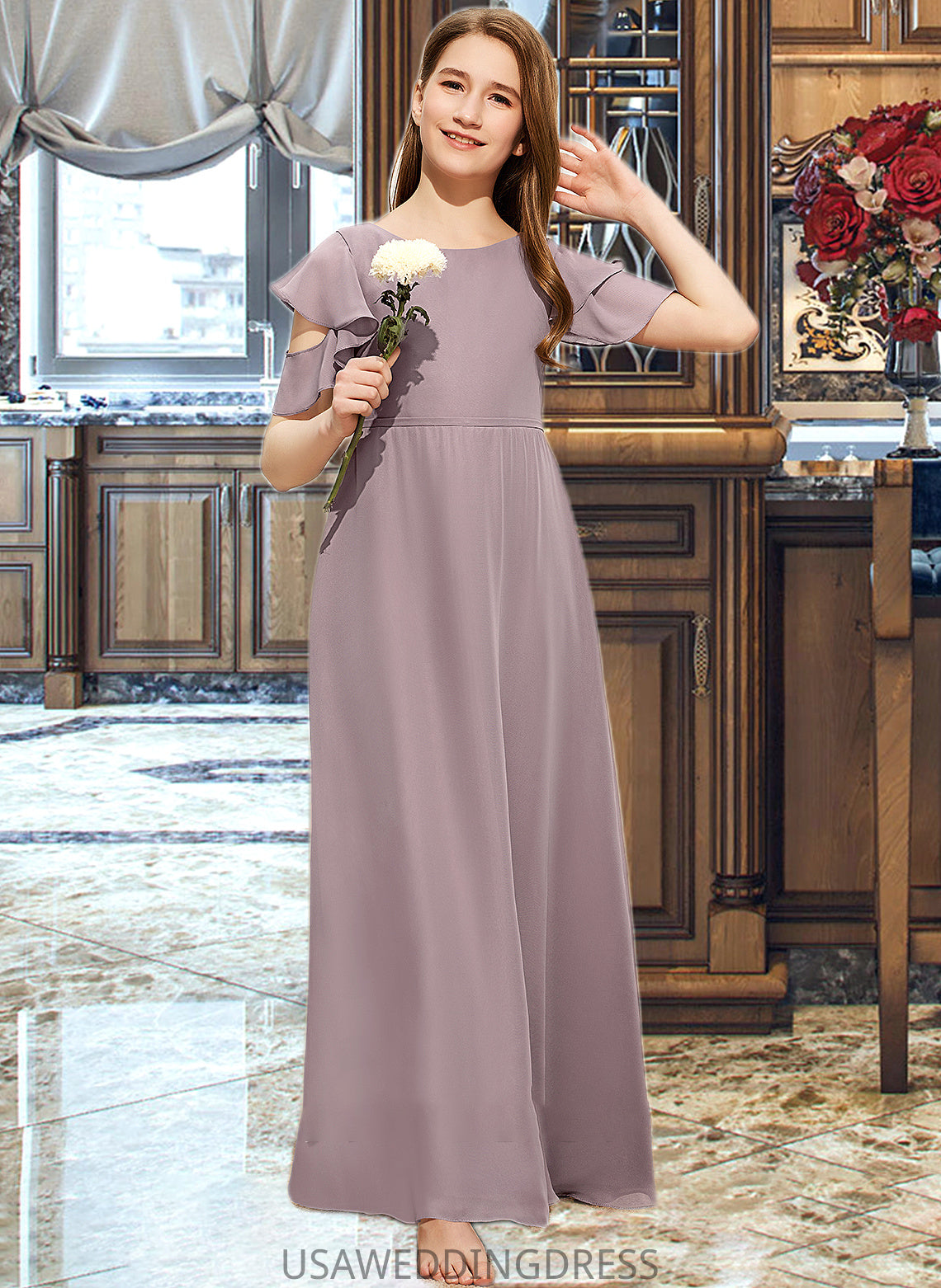 Raquel A-Line Scoop Neck Floor-Length Chiffon Junior Bridesmaid Dress With Cascading Ruffles DSP0013649