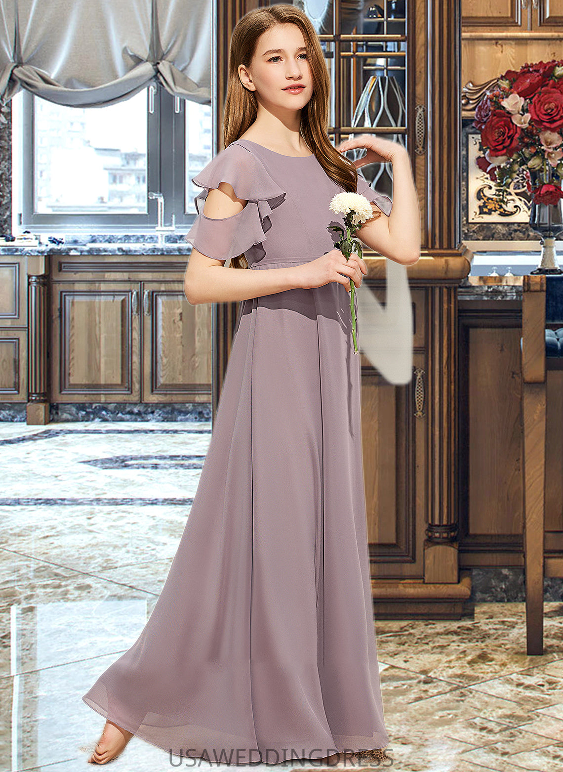 Raquel A-Line Scoop Neck Floor-Length Chiffon Junior Bridesmaid Dress With Cascading Ruffles DSP0013649