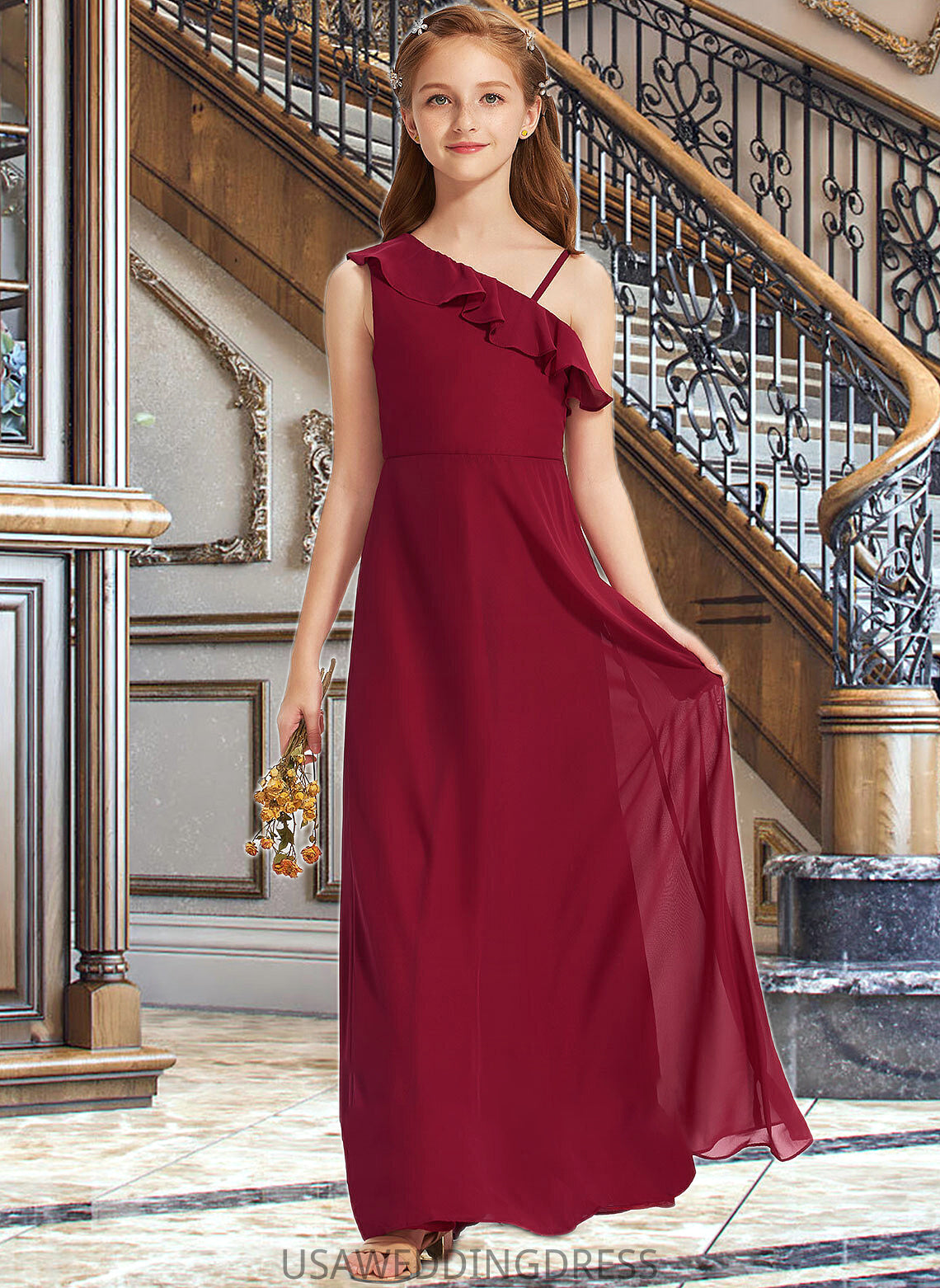 Penny A-Line One-Shoulder Floor-Length Chiffon Junior Bridesmaid Dress With Ruffles DSP0013650