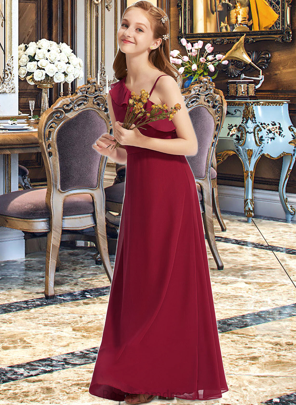 Kaia A-Line One-Shoulder Floor-Length Chiffon Junior Bridesmaid Dress With Ruffles SRSP0013650