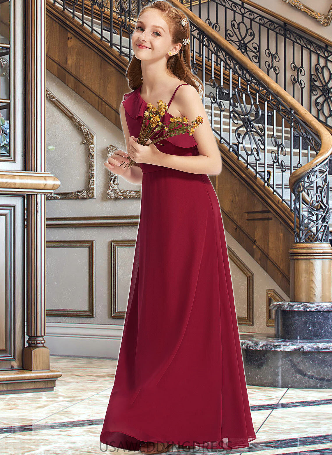 Penny A-Line One-Shoulder Floor-Length Chiffon Junior Bridesmaid Dress With Ruffles DSP0013650