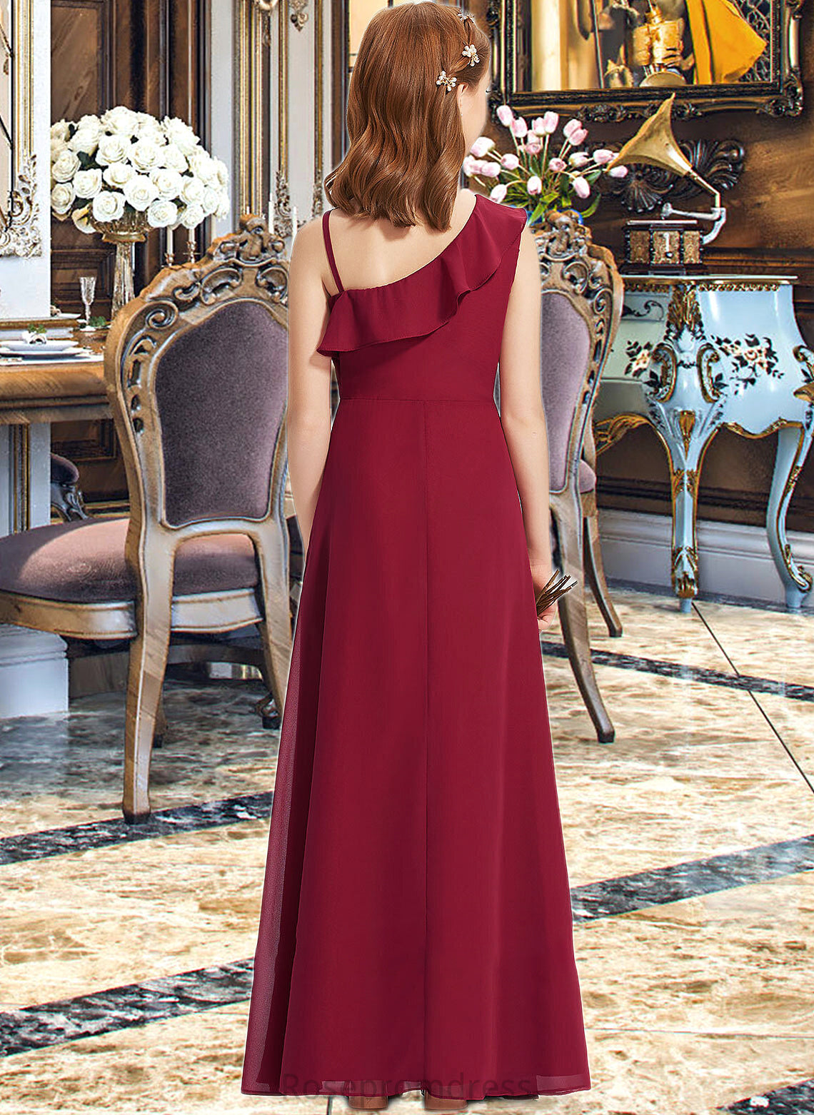 Kaia A-Line One-Shoulder Floor-Length Chiffon Junior Bridesmaid Dress With Ruffles SRSP0013650