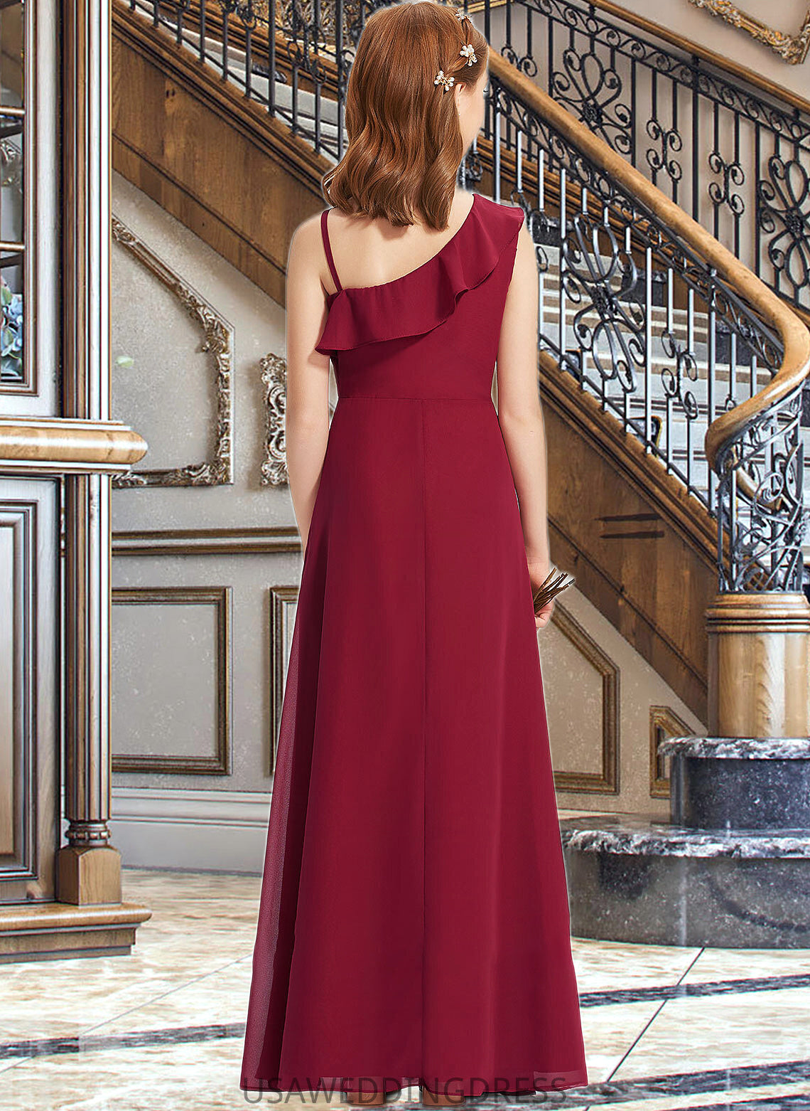 Penny A-Line One-Shoulder Floor-Length Chiffon Junior Bridesmaid Dress With Ruffles DSP0013650