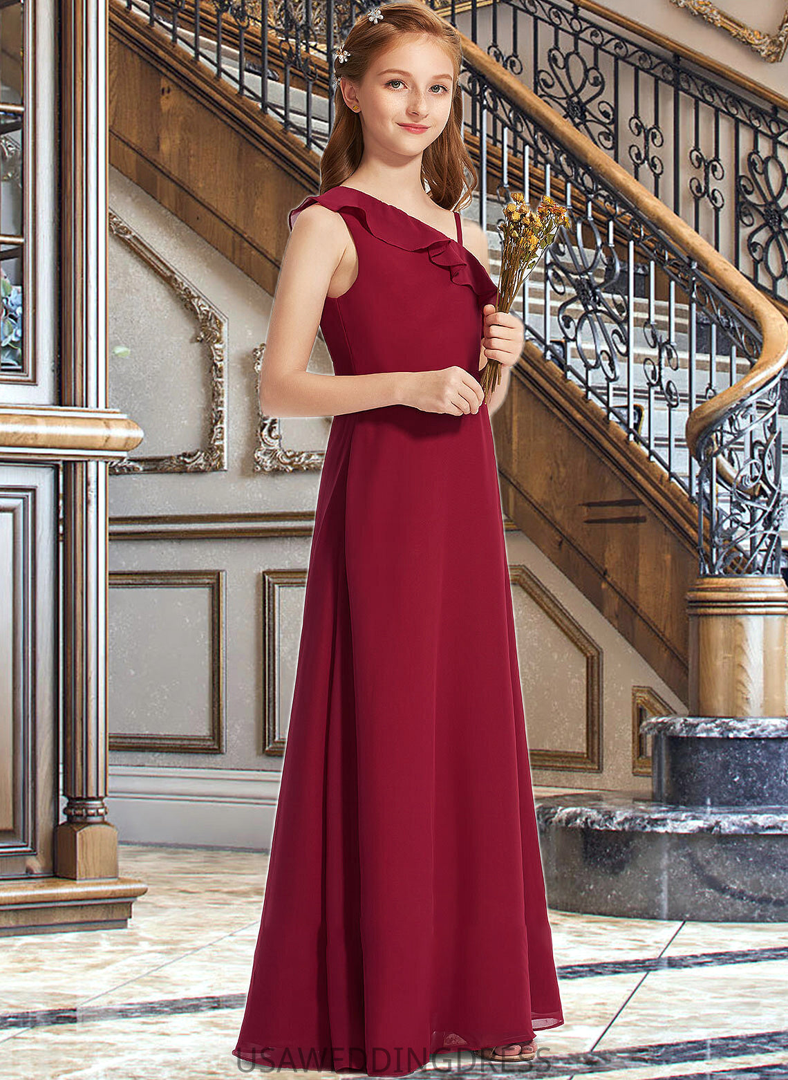 Penny A-Line One-Shoulder Floor-Length Chiffon Junior Bridesmaid Dress With Ruffles DSP0013650