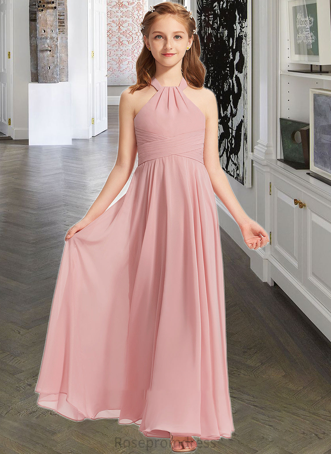 Vivienne A-Line Square Neckline Floor-Length Chiffon Junior Bridesmaid Dress With Ruffle SRSP0013651