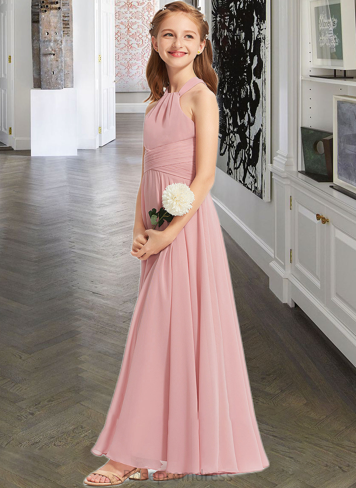 Vivienne A-Line Square Neckline Floor-Length Chiffon Junior Bridesmaid Dress With Ruffle SRSP0013651