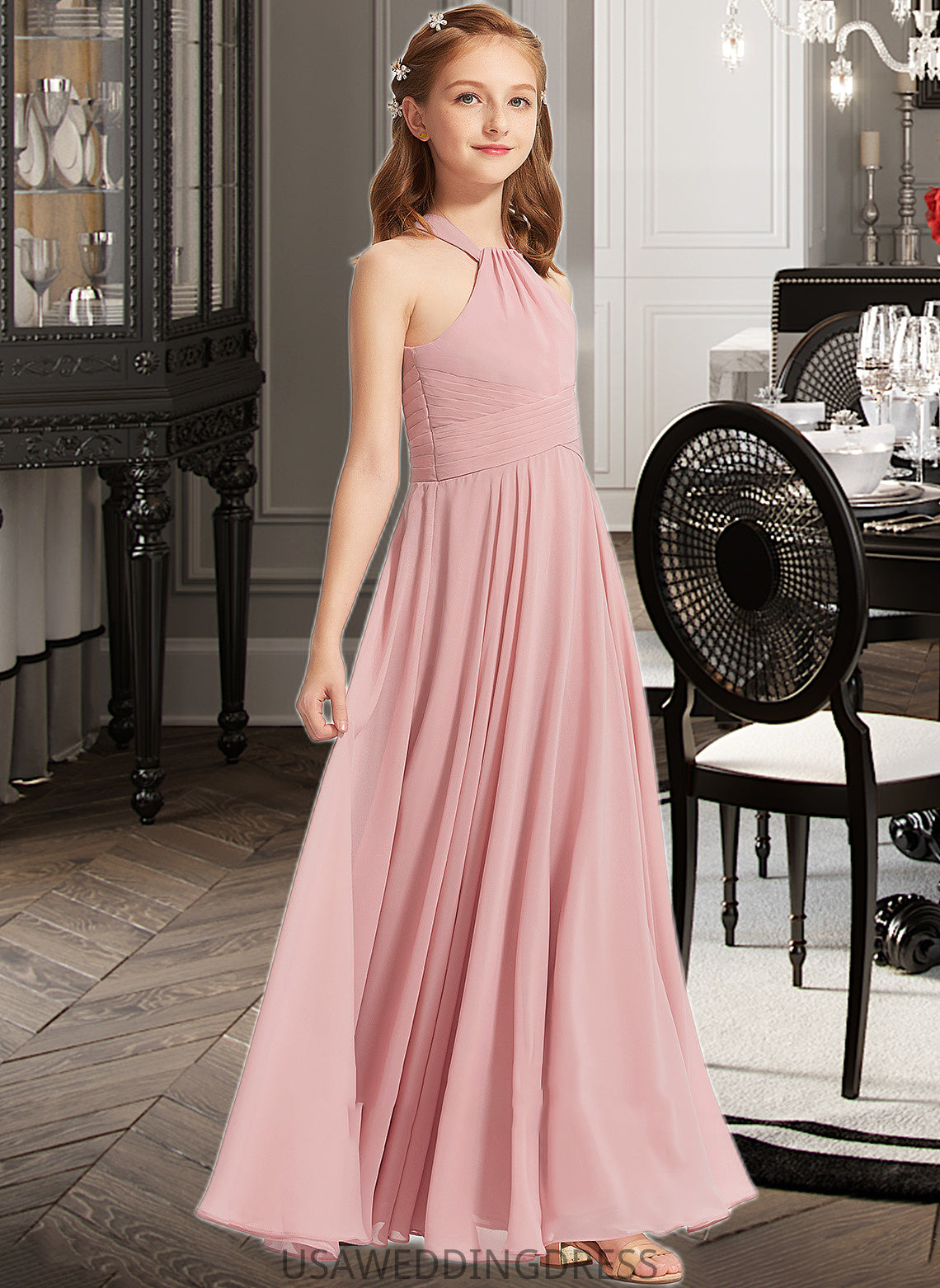 Salome A-Line Square Neckline Floor-Length Chiffon Junior Bridesmaid Dress With Ruffle DSP0013651