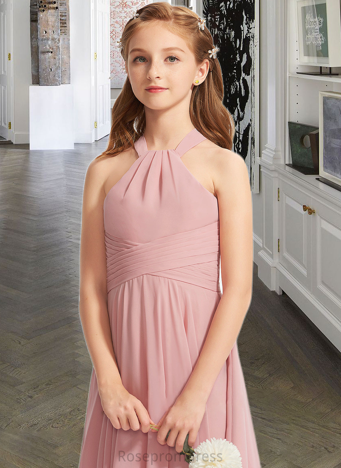 Vivienne A-Line Square Neckline Floor-Length Chiffon Junior Bridesmaid Dress With Ruffle SRSP0013651