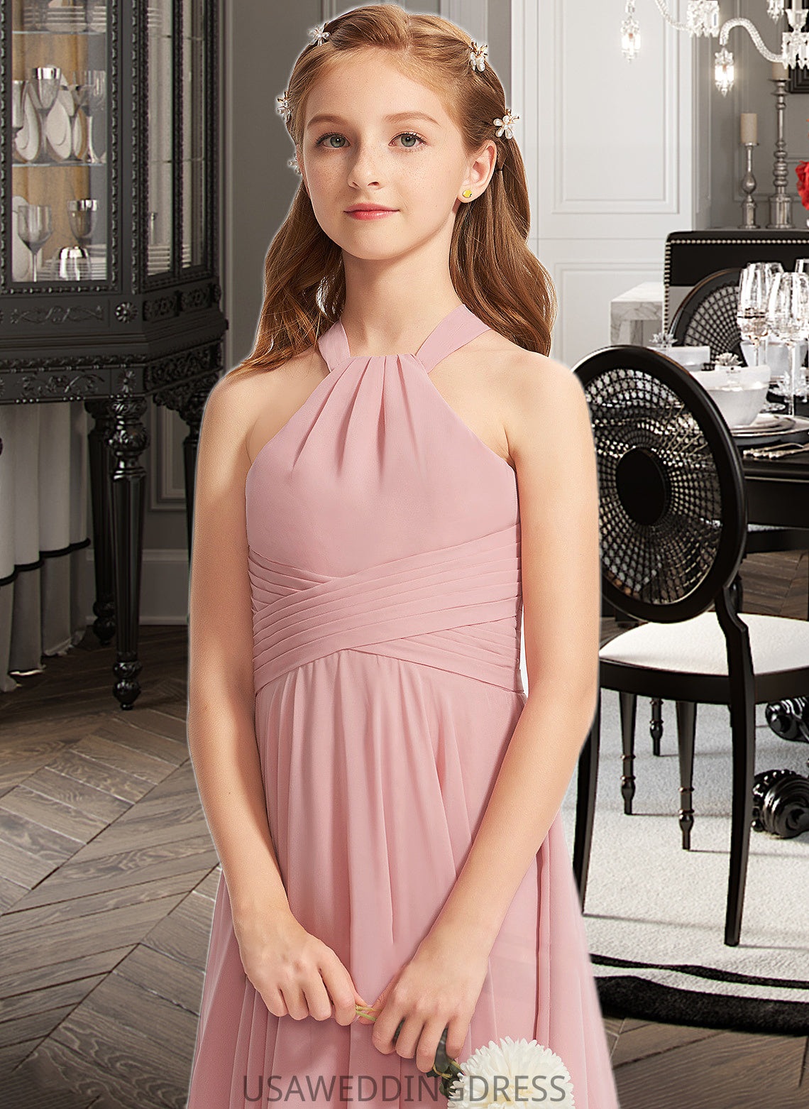 Salome A-Line Square Neckline Floor-Length Chiffon Junior Bridesmaid Dress With Ruffle DSP0013651