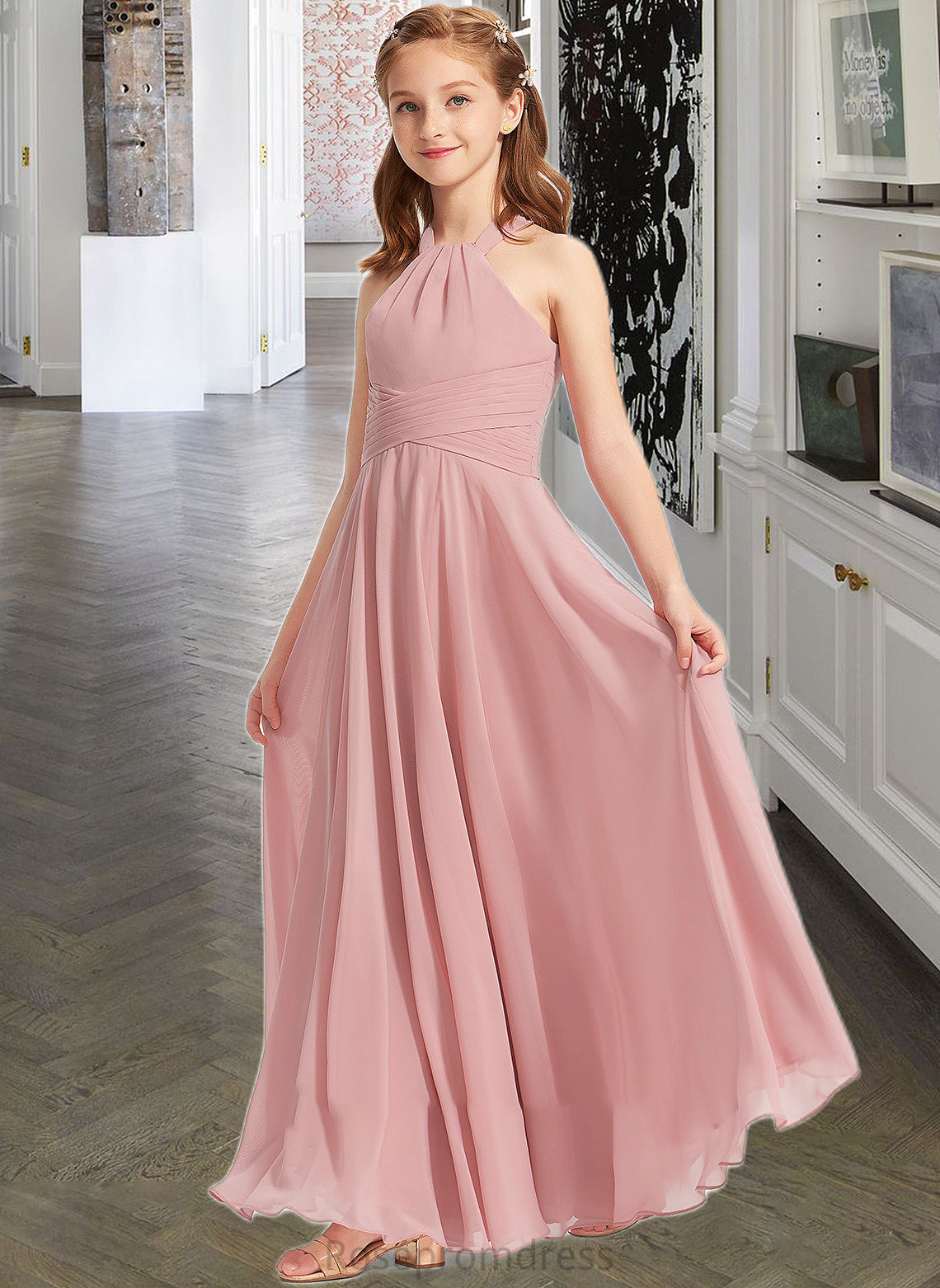 Vivienne A-Line Square Neckline Floor-Length Chiffon Junior Bridesmaid Dress With Ruffle SRSP0013651