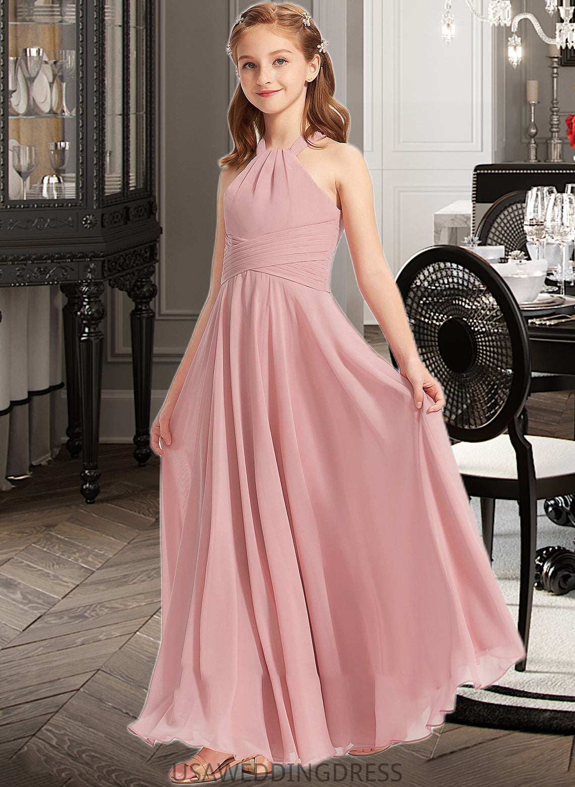 Salome A-Line Square Neckline Floor-Length Chiffon Junior Bridesmaid Dress With Ruffle DSP0013651