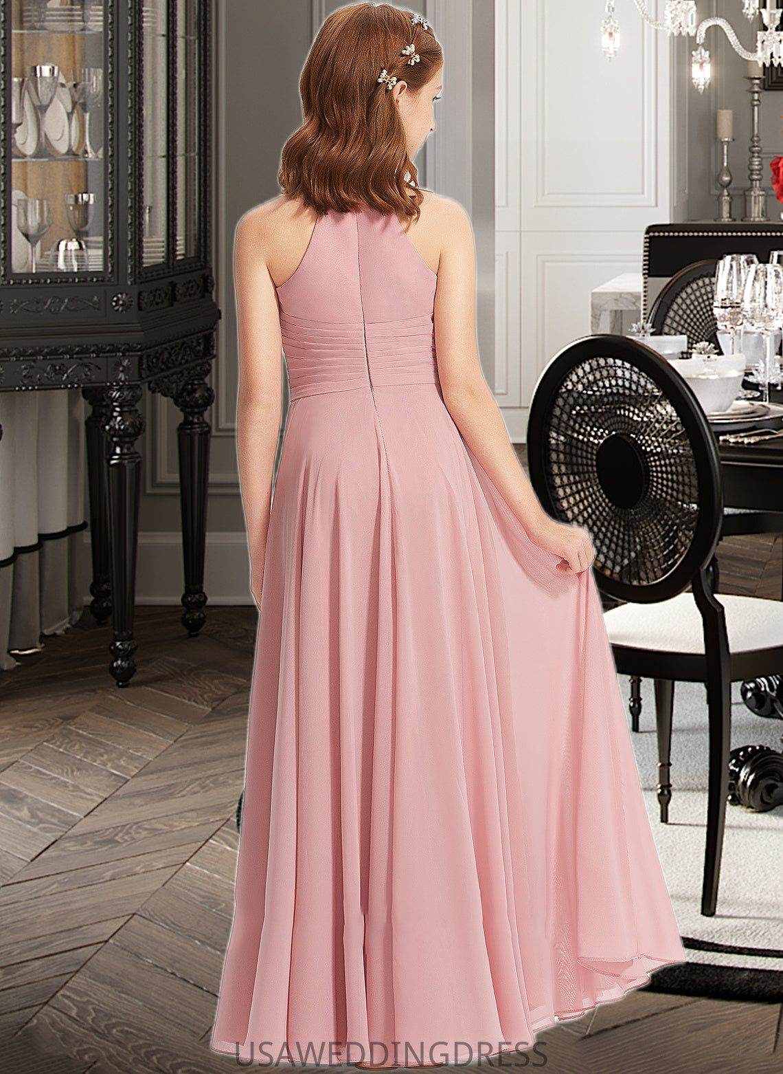 Salome A-Line Square Neckline Floor-Length Chiffon Junior Bridesmaid Dress With Ruffle DSP0013651