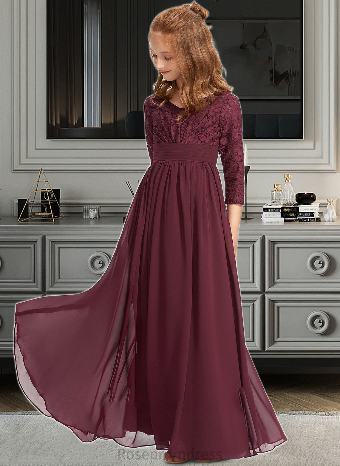 Ariella A-Line V-neck Floor-Length Chiffon Lace Junior Bridesmaid Dress SRSP0013652