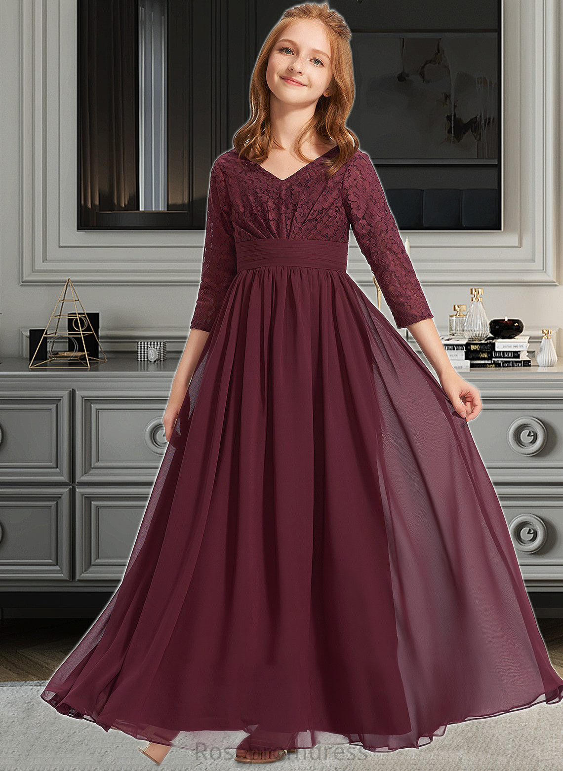 Ariella A-Line V-neck Floor-Length Chiffon Lace Junior Bridesmaid Dress SRSP0013652