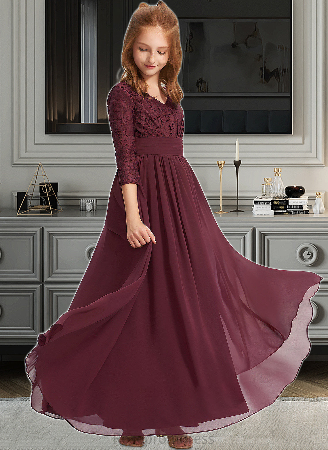 Ariella A-Line V-neck Floor-Length Chiffon Lace Junior Bridesmaid Dress SRSP0013652