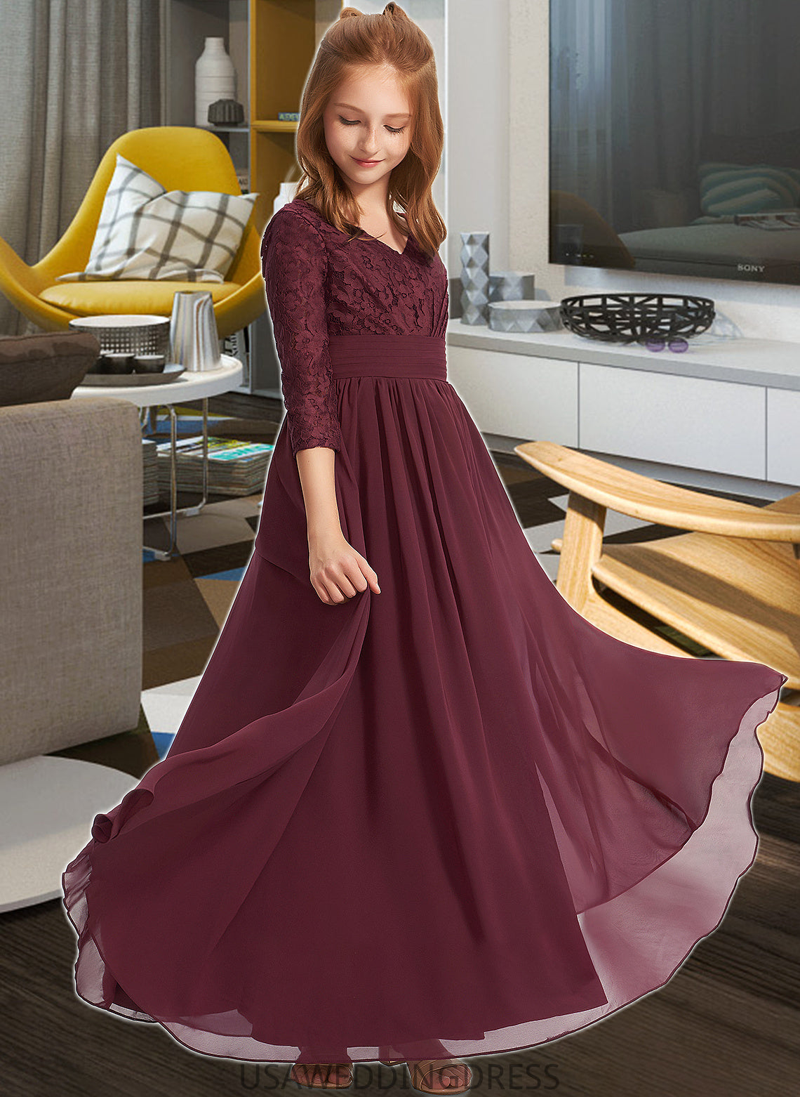 Hayley A-Line V-neck Floor-Length Chiffon Lace Junior Bridesmaid Dress DSP0013652