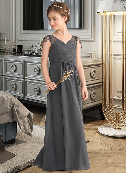 Nicola A-Line V-neck Floor-Length Chiffon Junior Bridesmaid Dress With Ruffle Beading SRSP0013653