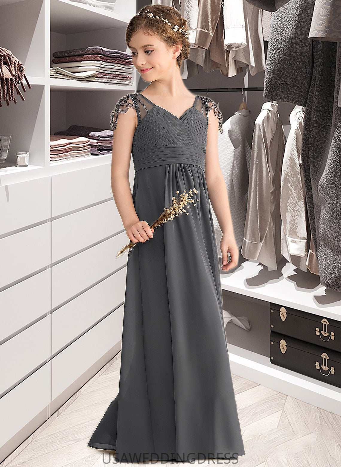 Sanaa A-Line V-neck Floor-Length Chiffon Junior Bridesmaid Dress With Ruffle Beading DSP0013653