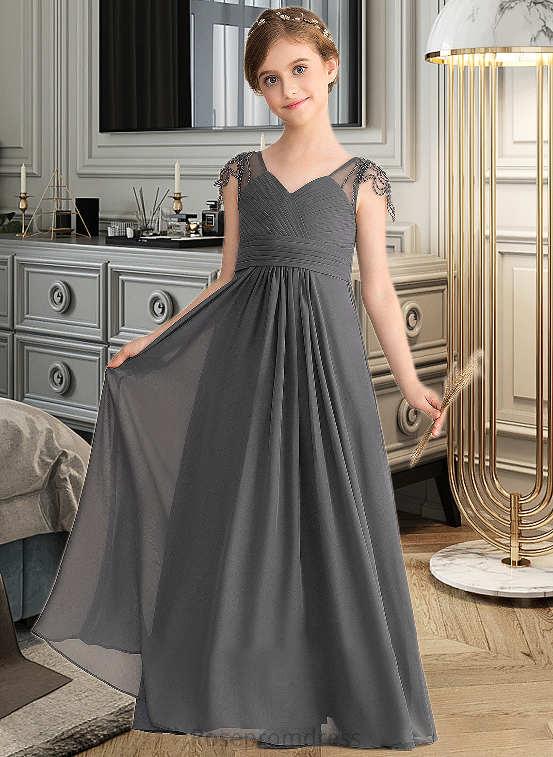 Nicola A-Line V-neck Floor-Length Chiffon Junior Bridesmaid Dress With Ruffle Beading SRSP0013653