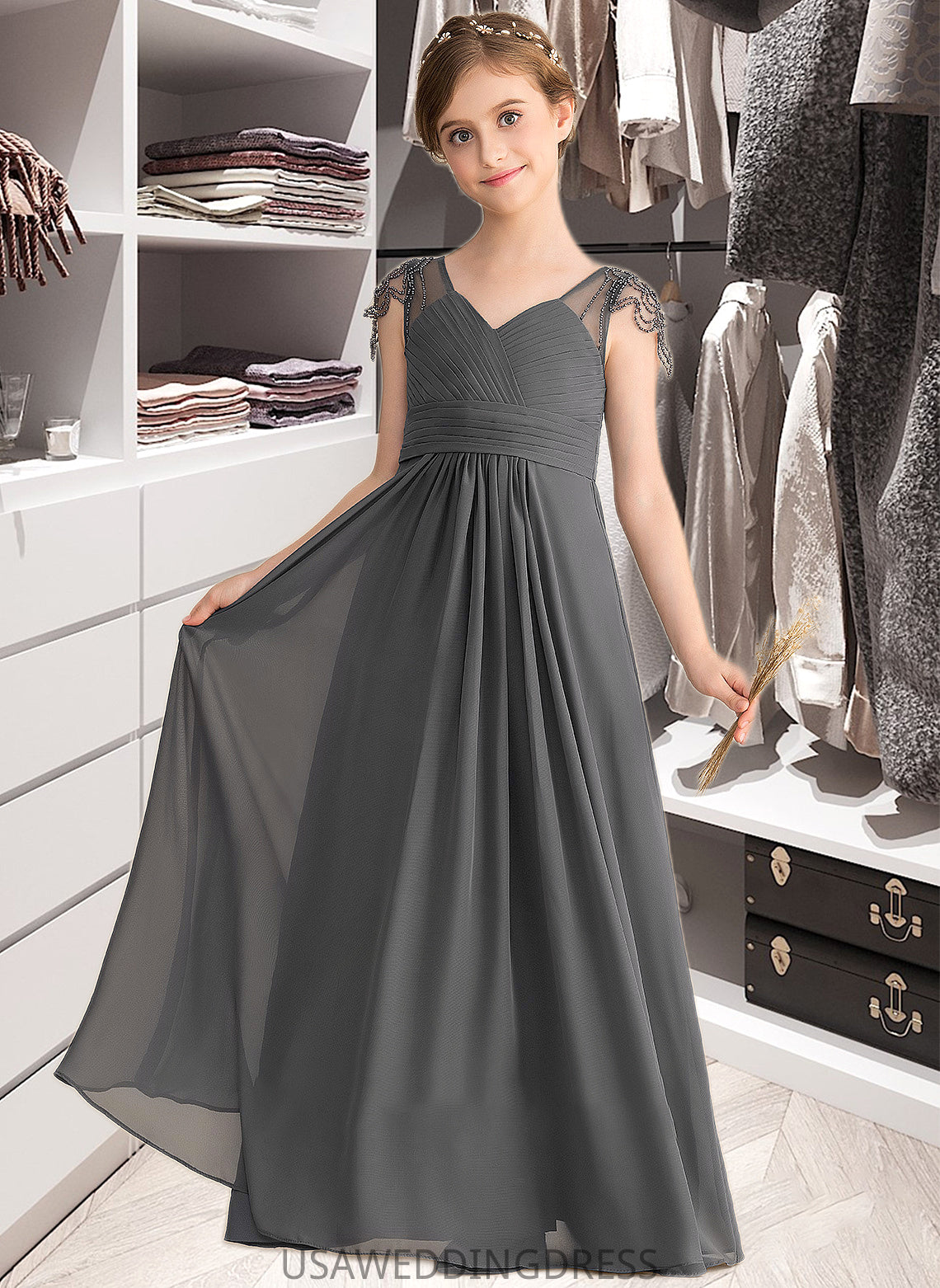 Sanaa A-Line V-neck Floor-Length Chiffon Junior Bridesmaid Dress With Ruffle Beading DSP0013653