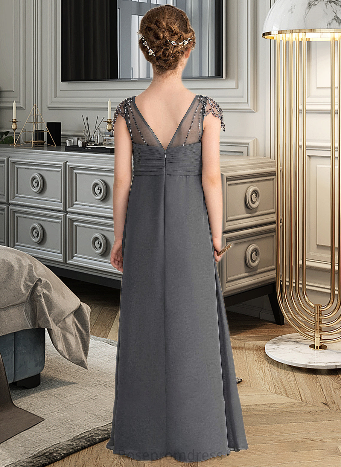 Nicola A-Line V-neck Floor-Length Chiffon Junior Bridesmaid Dress With Ruffle Beading SRSP0013653