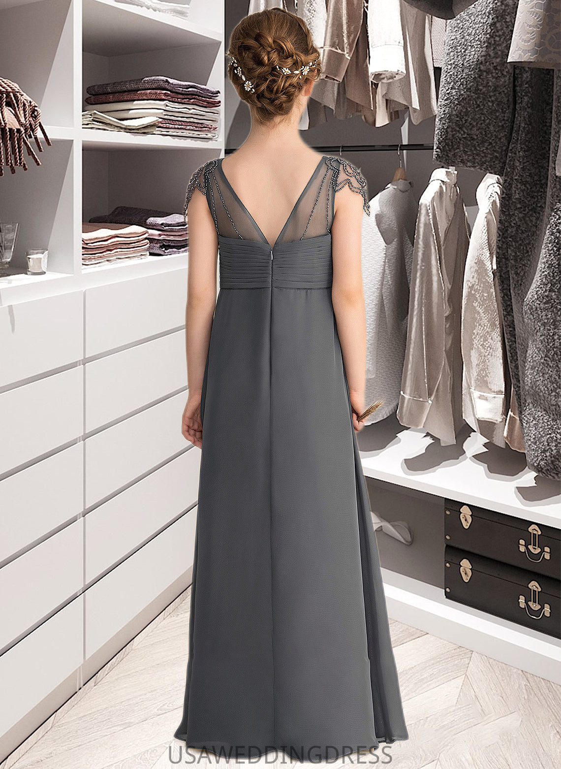 Sanaa A-Line V-neck Floor-Length Chiffon Junior Bridesmaid Dress With Ruffle Beading DSP0013653