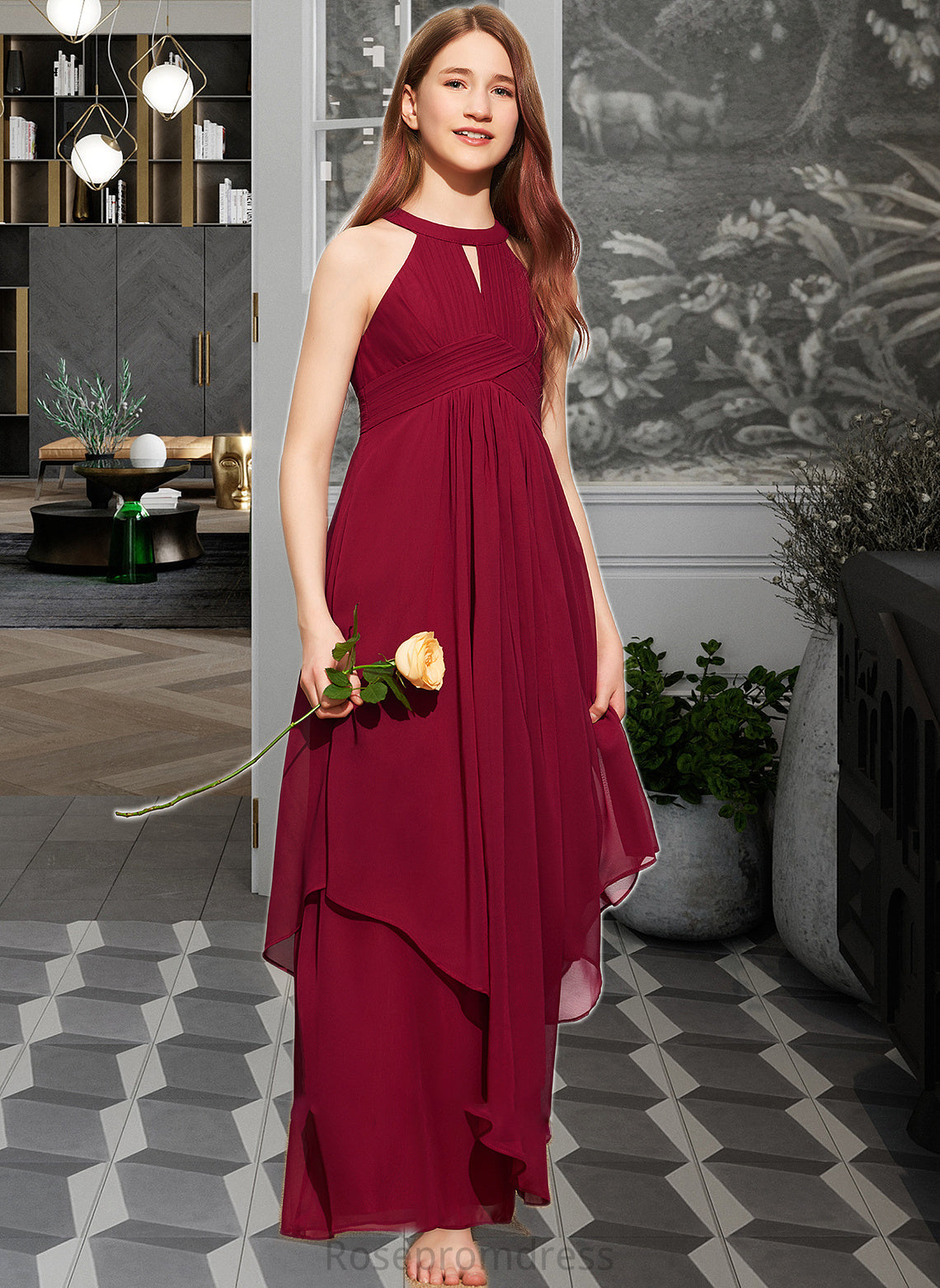 Kinley A-Line Scoop Neck Floor-Length Chiffon Junior Bridesmaid Dress With Ruffle SRSP0013654