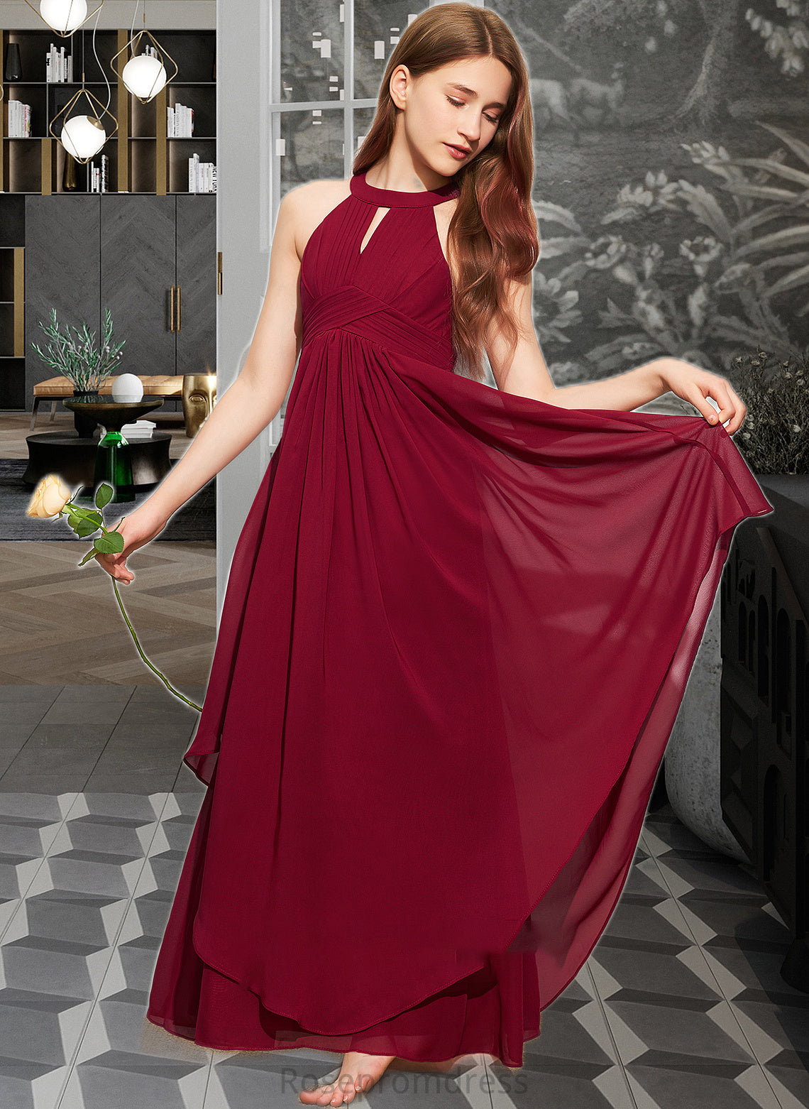 Kinley A-Line Scoop Neck Floor-Length Chiffon Junior Bridesmaid Dress With Ruffle SRSP0013654