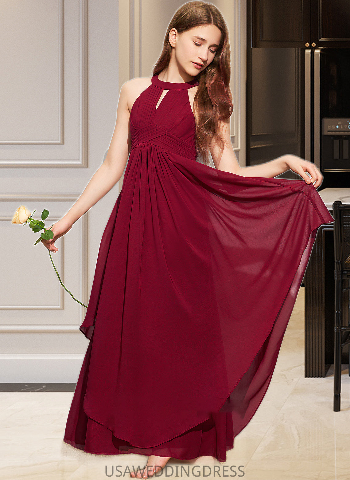 Danika A-Line Scoop Neck Floor-Length Chiffon Junior Bridesmaid Dress With Ruffle DSP0013654