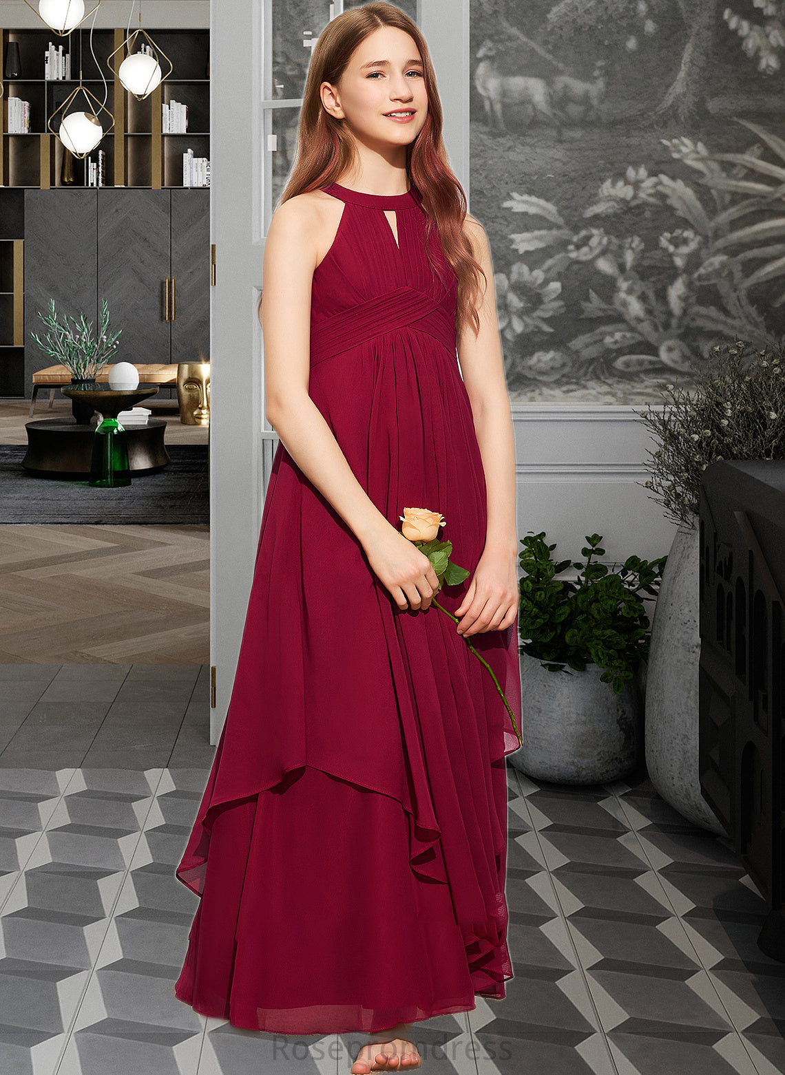 Kinley A-Line Scoop Neck Floor-Length Chiffon Junior Bridesmaid Dress With Ruffle SRSP0013654