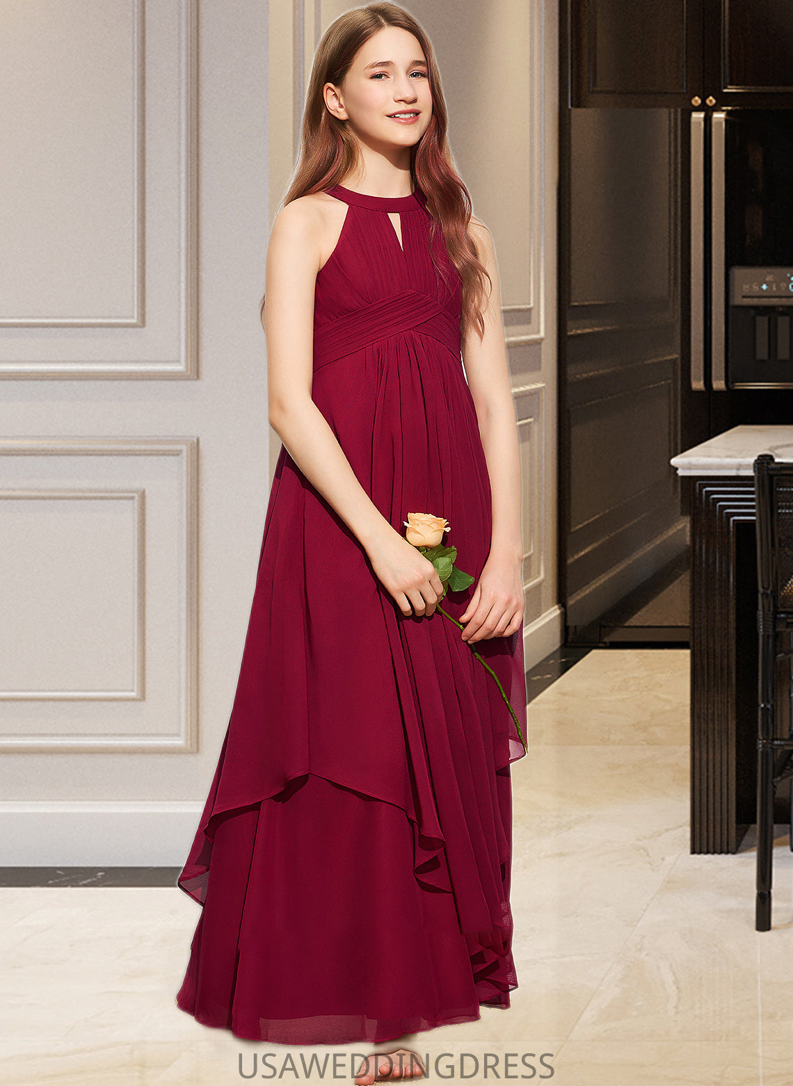 Danika A-Line Scoop Neck Floor-Length Chiffon Junior Bridesmaid Dress With Ruffle DSP0013654