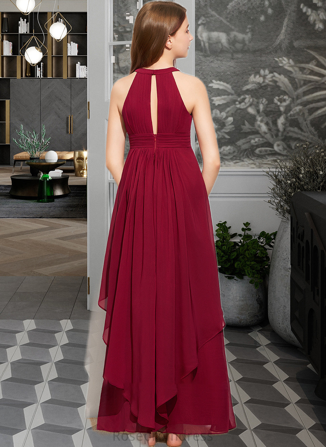 Kinley A-Line Scoop Neck Floor-Length Chiffon Junior Bridesmaid Dress With Ruffle SRSP0013654