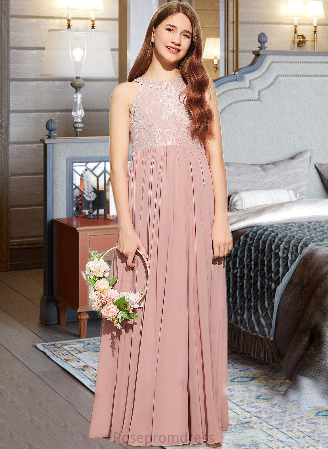 Camryn A-Line Scoop Neck Floor-Length Chiffon Lace Junior Bridesmaid Dress With Sequins SRSP0013655