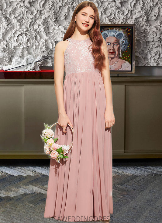 Gwen A-Line Scoop Neck Floor-Length Chiffon Lace Junior Bridesmaid Dress With Sequins DSP0013655