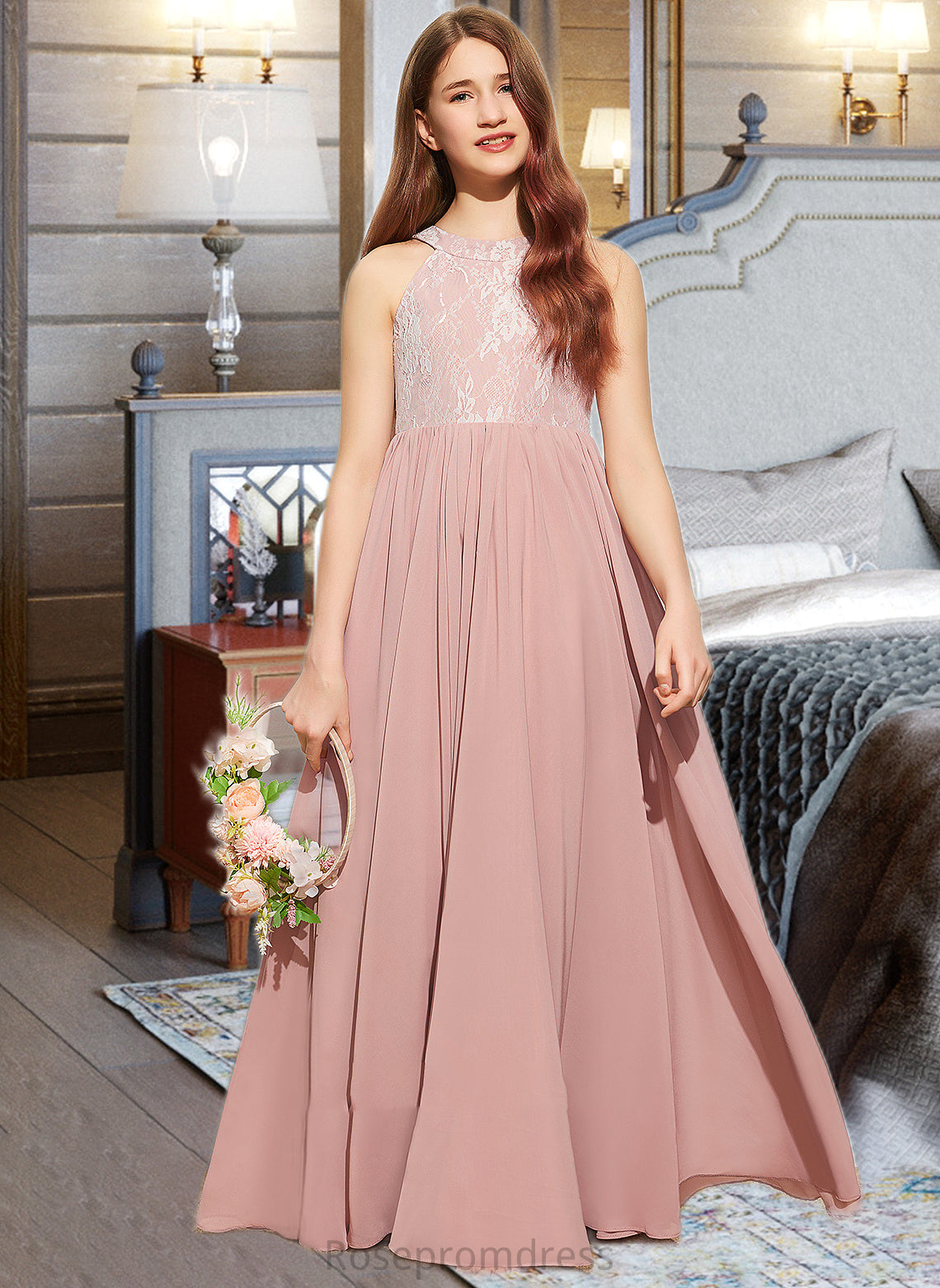 Camryn A-Line Scoop Neck Floor-Length Chiffon Lace Junior Bridesmaid Dress With Sequins SRSP0013655