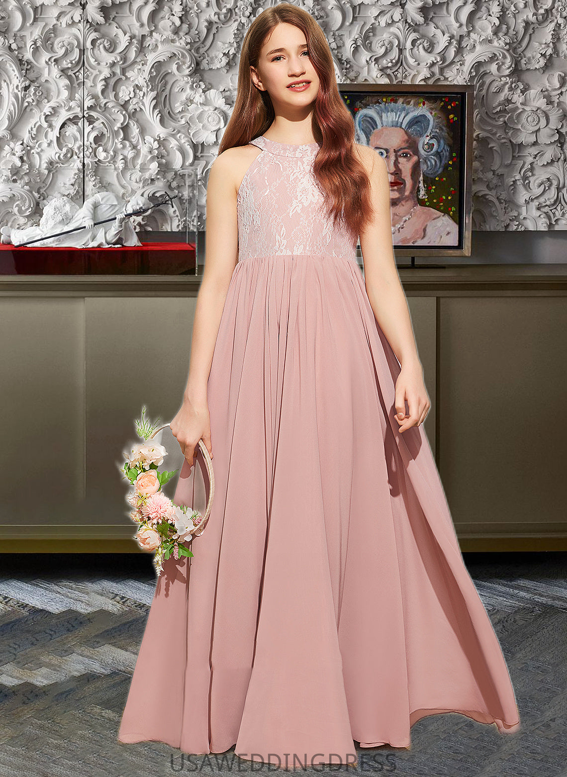 Gwen A-Line Scoop Neck Floor-Length Chiffon Lace Junior Bridesmaid Dress With Sequins DSP0013655