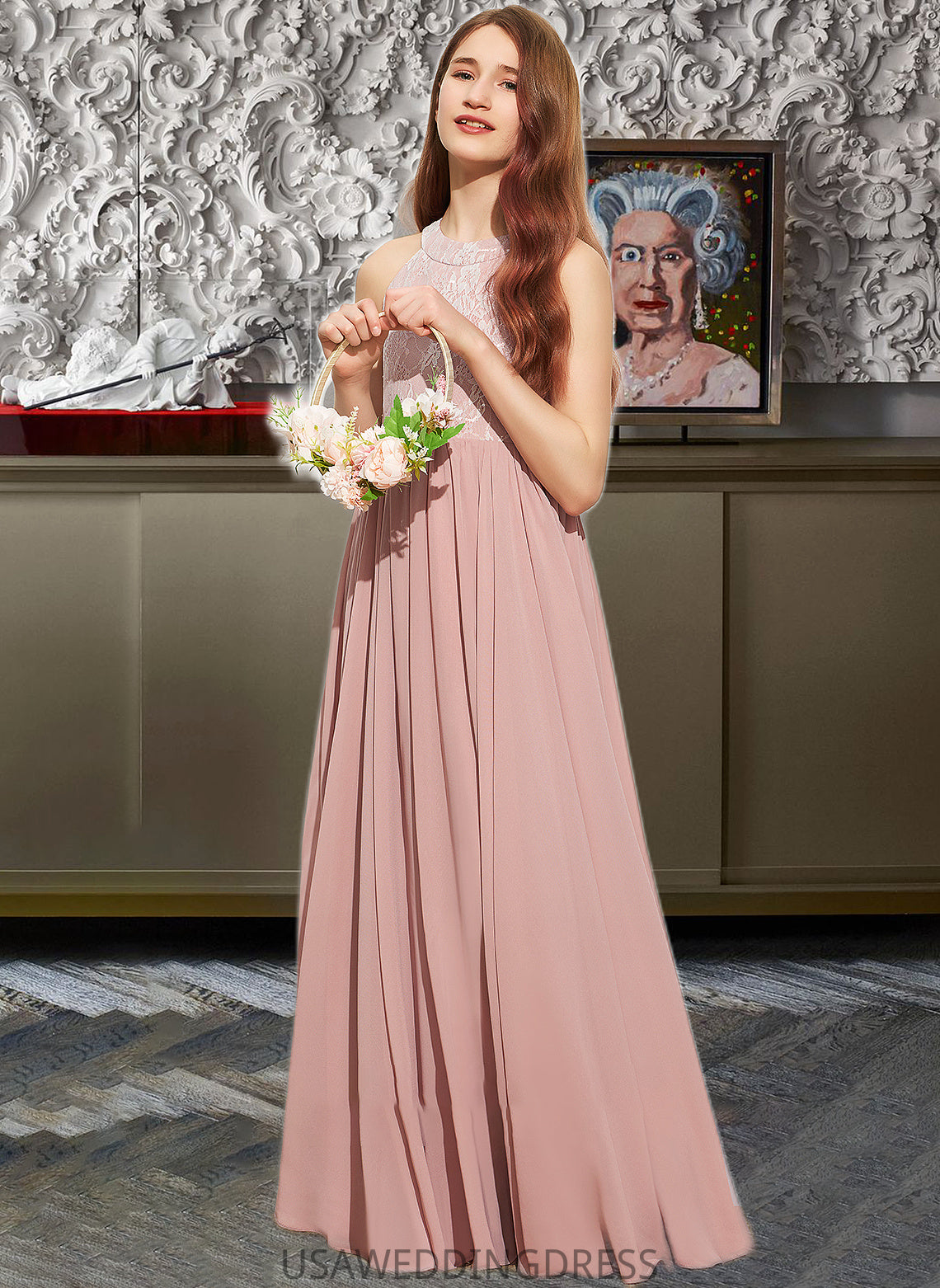 Gwen A-Line Scoop Neck Floor-Length Chiffon Lace Junior Bridesmaid Dress With Sequins DSP0013655