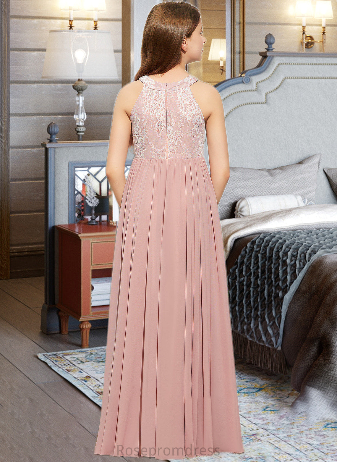 Camryn A-Line Scoop Neck Floor-Length Chiffon Lace Junior Bridesmaid Dress With Sequins SRSP0013655