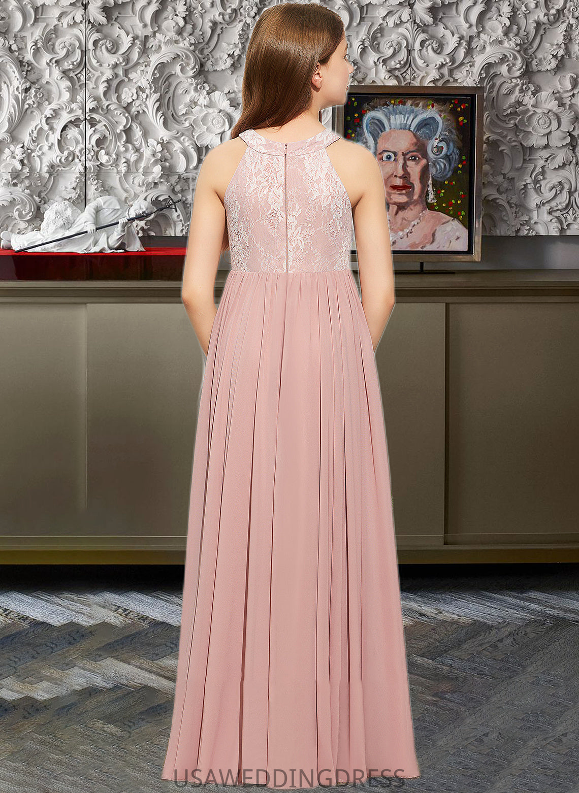 Gwen A-Line Scoop Neck Floor-Length Chiffon Lace Junior Bridesmaid Dress With Sequins DSP0013655