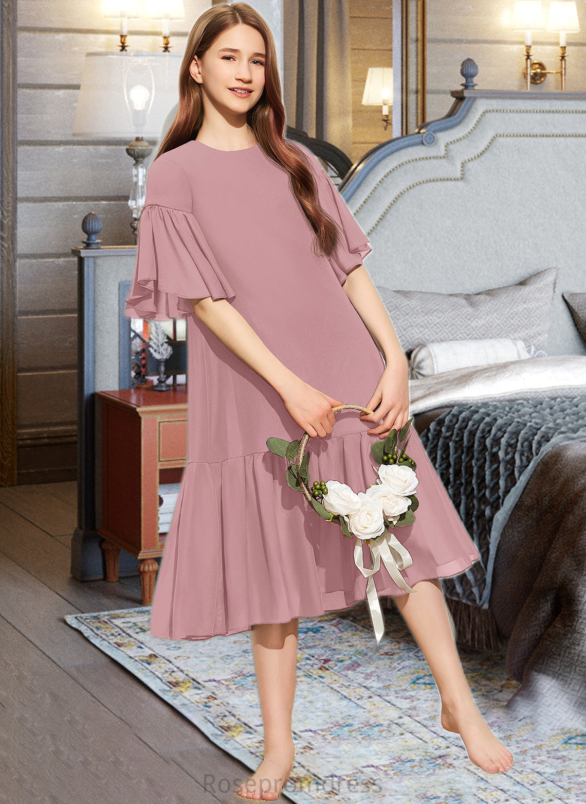 Nathalia A-Line Scoop Neck Knee-Length Chiffon Junior Bridesmaid Dress With Cascading Ruffles SRSP0013656