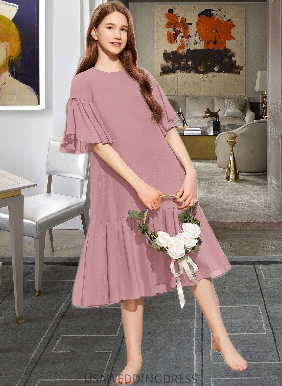 Jamya A-Line Scoop Neck Knee-Length Chiffon Junior Bridesmaid Dress With Cascading Ruffles DSP0013656