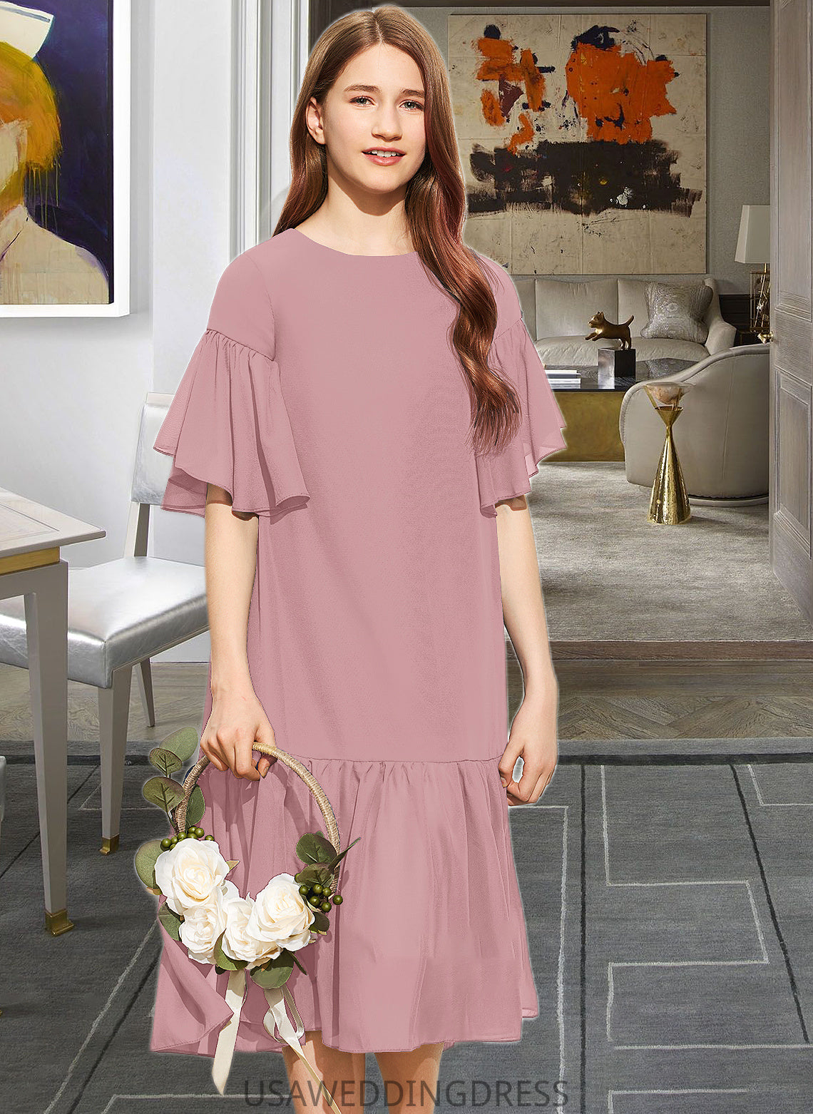 Jamya A-Line Scoop Neck Knee-Length Chiffon Junior Bridesmaid Dress With Cascading Ruffles DSP0013656